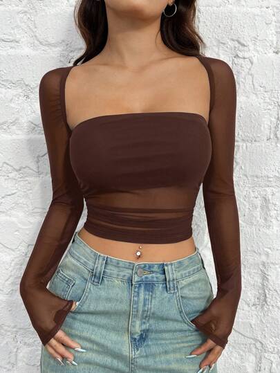 SHEIN EZwear Camiseta ajustada para mujer con cuello cuadrado de malla marrón