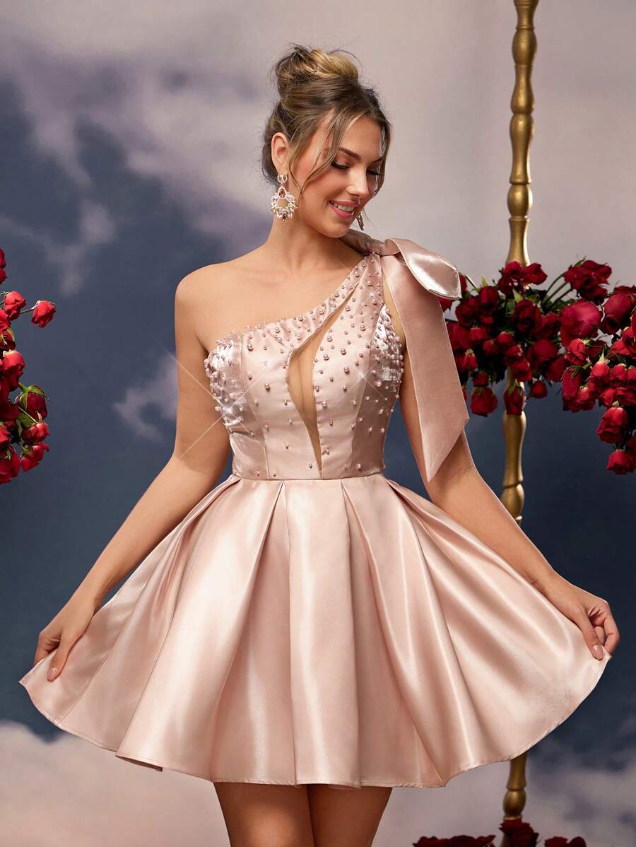Lovelzi Vestido de Baile Luxuoso de Linha A com Bainha de Brilho, Decoração de Laço no Ombro Champanhe Brilhante de Cetim, Tule com Recorte na Frente, Bordado Manual, Vestido de Festa, Vestido de Convidado de Casamento, Vestido de Formatura - Champanhe - Visão 1