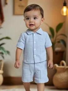 Baby Boys 2 Pieces Set Blue Textured Fabric Shirt & Short Outfit Clothes, Suitable For Babies To Wear On All Occasions In Summer, Textured Fabric For Quality Feel