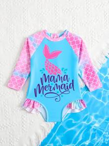 Baby Girl Cute Mermaid Scale Print Ruffled One-Piece Swimsuit,Summer Vacation Beachwear For Baby Girl