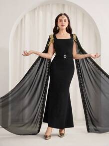 SHEIN 少女黑色方领斗篷袖美人鱼礼服，传统、奢华、优雅、复古 - 黑色 - 查看 7