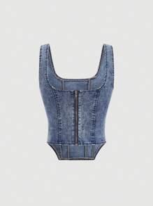 SHEIN MOD 女士方领不对称下摆无袖休闲牛仔上衣 - 深色水洗藍 - 查看 2