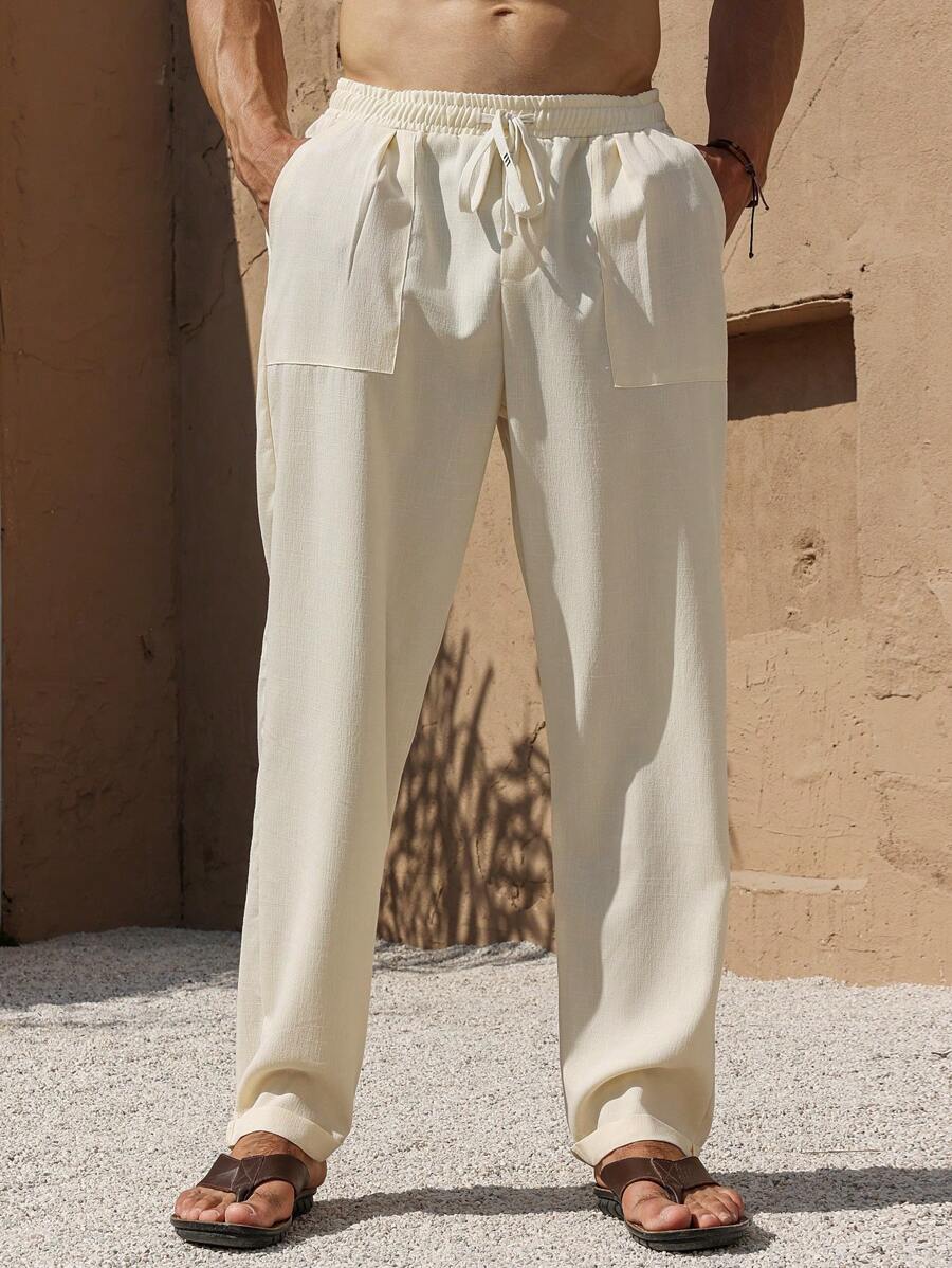 Manfinity RSRT Men's Solid Color Front Lace-Up Pocket Simple Casual Long Pants, Daily Wear - Apricot - View 1