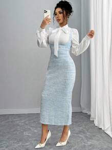 Elenzga 优雅时尚两件套：白色领带衬衫和粉色提花长吊带裙，适合秋冬季 - 淺藍色 - 查看 4