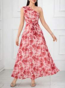 Modelyn Women's Asymmetrical Shoulder Sleeveless Floral Print Bodycon Long Dress, Elegant