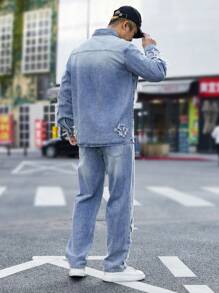 Manfinity Homme Plus Size Men's Front Button Long Sleeve Casual Jacket And Denim Pants Set, Emo Style, Fall Clothes - Blue - View 4