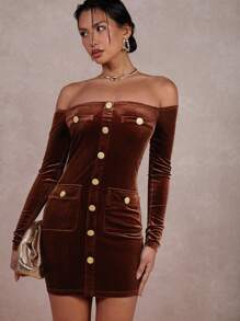 COSMINA Women Off Shoulder Long Sleeve Single-Breasted Fitted Mini Dress, Solid Color