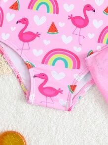 Baby Girl Flamingo Print Ruffles One-Piece Swimsuit With Mesh Skirt