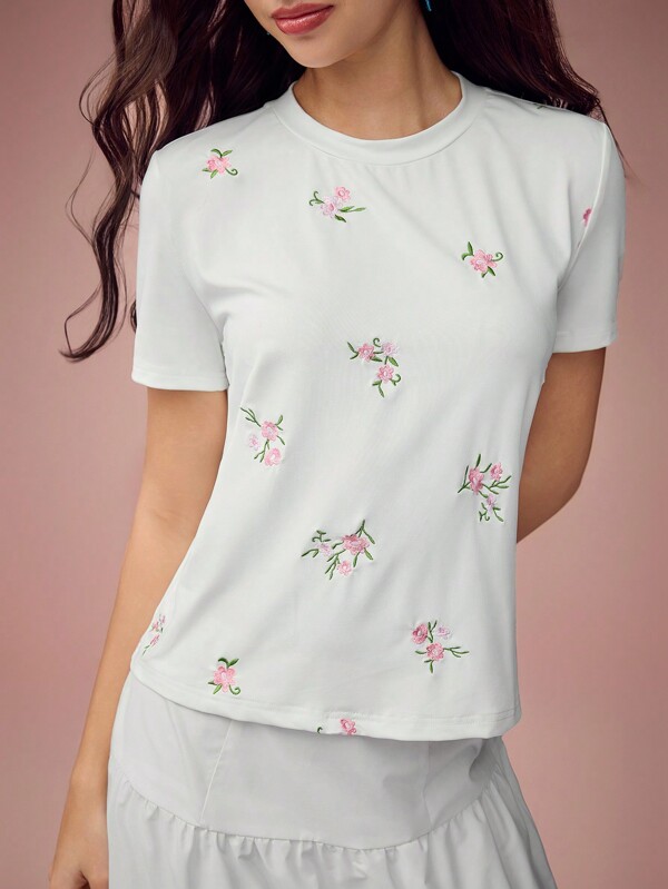 Enchnt Spring/Summer Romantic Women Casual Minimalist Ditsy Floral Embroidery Short Sleeve White T-Shirt,Casual&Comfortable For Birthday&Holiday Party&Sweet Date&Daily Commuting&Vacation&Wedding Season Essential,Summer Versatile Outfits For Women