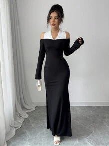 Elenzga Women's Elegant Commuter Style Cold Shoulder Color Block Ruched Waist Bodycon Maxi Dress