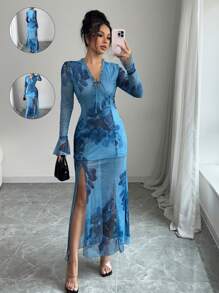 Elenzga Women Vacation Chic Elegant Fashion Charming Flare Sleeve V-Neck Tie Waist Side Slit Fitted Floral Print Dress (Random Print)