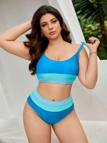 SHEIN Swim Curve Costume da bagno bikini a blocchi di colori per taglie forti per l'estate - Blu - Visualizzare 5