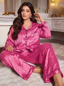 SHEIN MuseNap CURVE Plus Size Leopard Jacquard Faux Silk Notch Collar Top & Pants Sleepwear Set, Fall Winter Clothes - Hot Pink - View 3