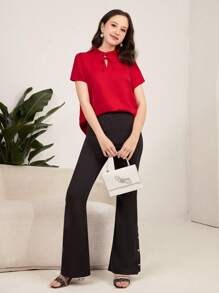 SHEIN Leap Crew Teen Girl's Red Bow Collar Hollow-Out Ruffle Trim Body-Con Short Sleeve Blouse - Red - View 4