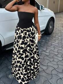 SHEIN Clasi Heart Pattern Patchwork Maxi Camisole Dress - Black - View 3