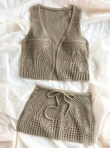 SHEIN Unity Lässiges/Urlaubsmäßiges 2-teiliges Set aus Cut Out gestrickter Weste und Rock - Khaki - Übersicht 3