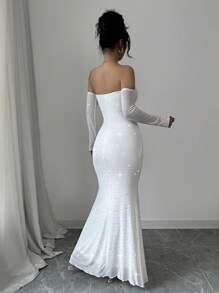 Chiquease New Elegant French Style Date/Office Dress. White Shiny Open Shoulder Mesh Insert Ruffle Decor Long Sleeve Bodycon Dress - White - View 2