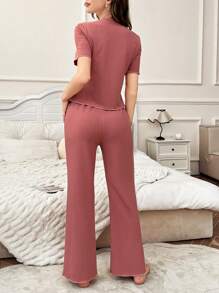 女士休闲针织星形罗纹提花领短袖上衣和长裤睡衣套装 - 藕粉色 - 查看 2