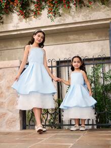 SHEIN 女孩蓝色珍珠吊带公主薄纱连衣裙，选美礼服（2 件分开出售） - 藍色 - 查看 6