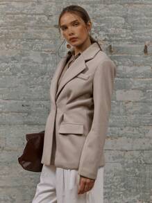 MUSERA 修身梭织收腰单扣西装外套，优雅商务休闲风，适合夏季、春季、假期、毕业舞会、婚礼宾客、生日等场合。 - 卡其色 - 查看 2