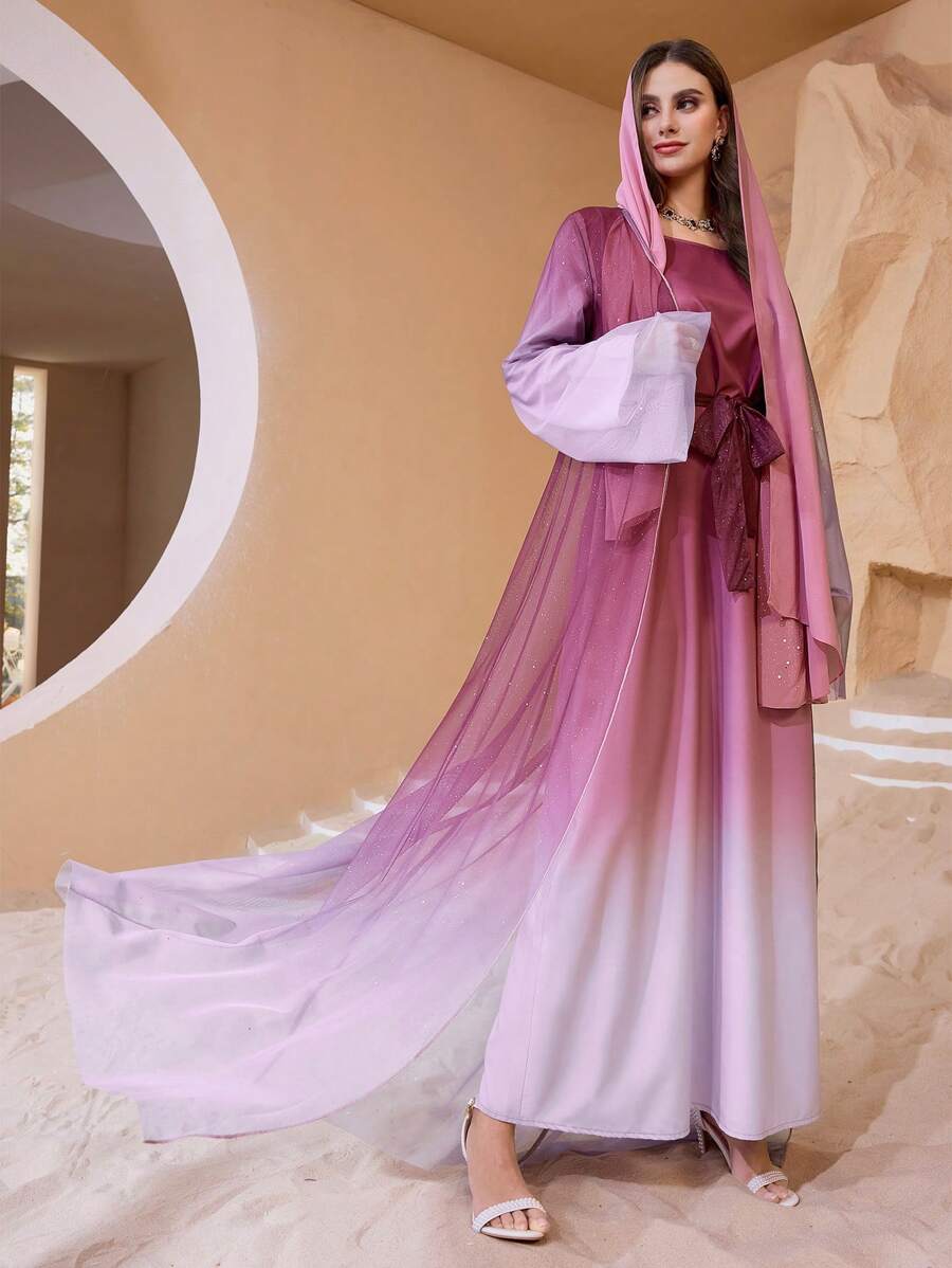 Al Najma Conjunto de 2 peças de malha tie-dye gradiente elegante feminino - Rosa - Ver 1