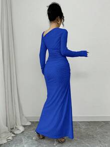 Elenzga Đầm Maxi Ôm Body Dệt Kim Họa Tiết Thanh Lịch Cho Nữ Đi Làm Đi Làm, Tay Dài, Cổ Bất Đối Xứng, Eo Nhún, Quyến Rũ - Xanh đậm - Xem 2