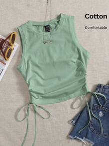 SHEIN EZwear Drawstring Ruched Side Crop Tank Top - Mint Green - View 6