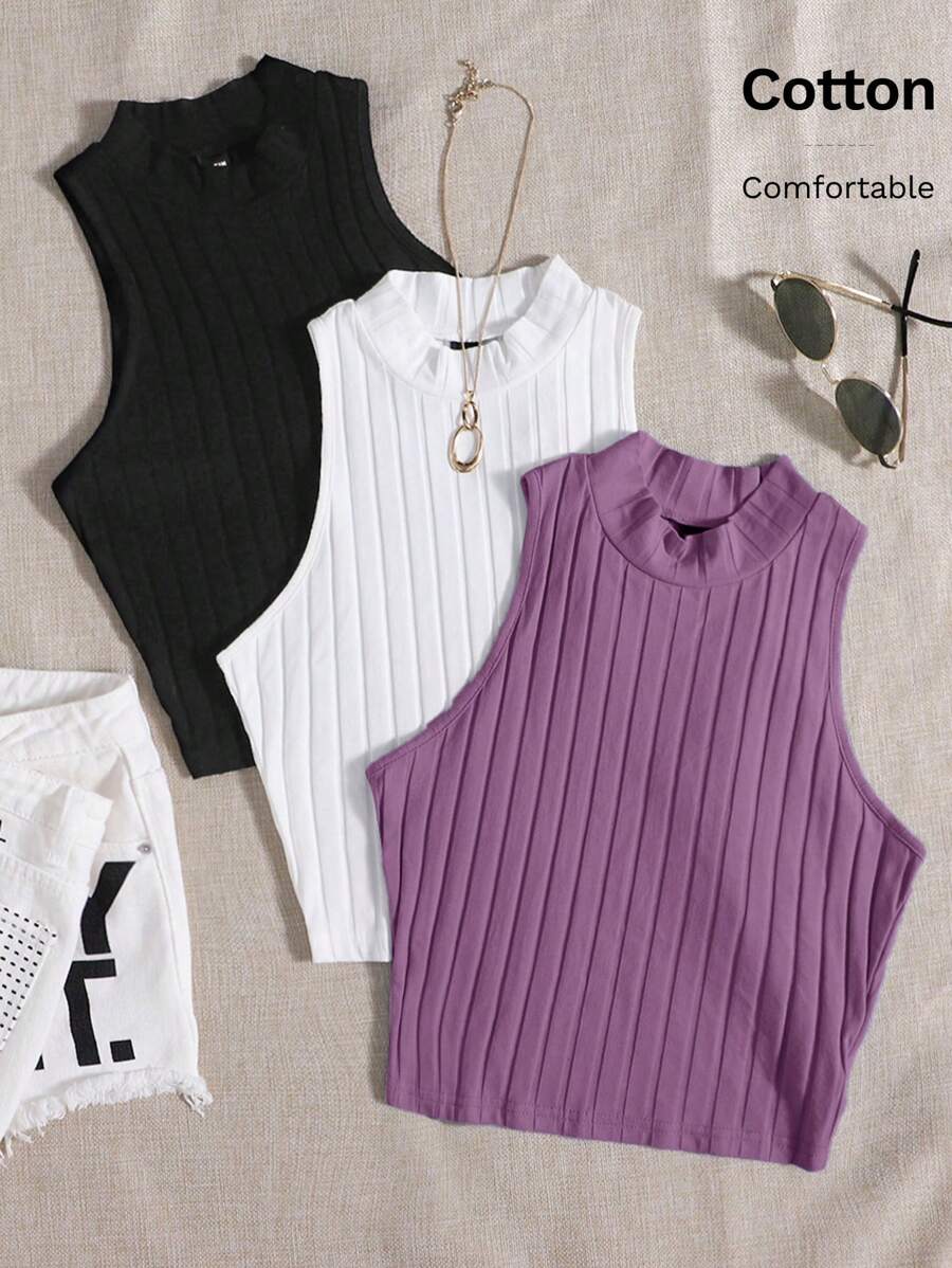 SHEIN EZwear Conjunto De Verano De 4 Piezas De Top De Tanque De Punto Acanalado De Cuello Alto - Multicolor - Ver 1