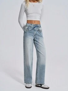 EURMUSE HIGH RISE STRAIGHT Y2K STREET STYLE BELTED JEAN - Light Grey - View 4