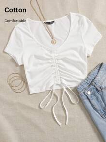 SHEIN EZwear Solid Drawstring Ruched Tee