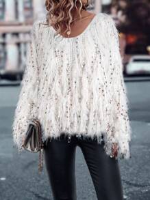 SHEIN LUNE V领蓬松针织毛衣，长袖套头针织衫，秋冬毛衣 - 米色 - 查看 5