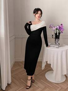 DAZY Women's Contrast Color Patchwork Asymmetrical Neck Bodycon Midi Dress, Elegant Party Dress