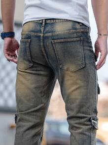 Manfinity LEGND Men's Washed Distressed Flare Leg Cargo Jeans Street Hang Out Urban - Yellow - View 8