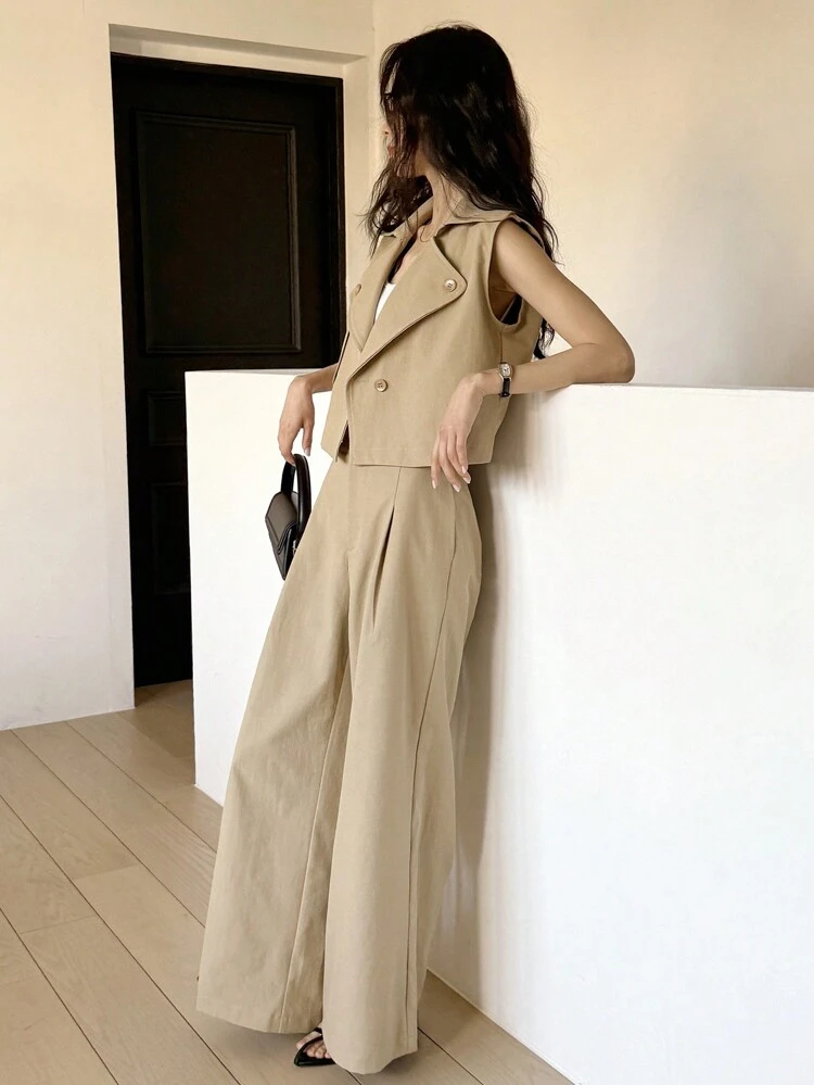 Set de 2 piezas de top casual sin mangas y pantalones de unicolor con botones frontales para mujer