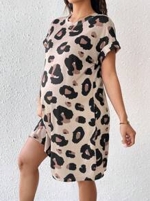 SHEIN Pregnant Women Leopard Print Batwing Short Sleeve Dress Maternity Dress