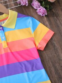 SHEIN 青少年女孩拼色条纹休闲马球领短袖针织连衣裙 - 金色 - 查看 3