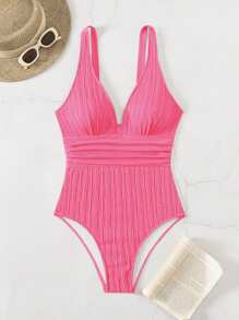 SHEIN Swim 1pc Plain Textured One-Piece Swimsuit For Beach & Summer Vacation - Hot Pink - View 2