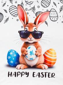 SHEIN Tween Boy Casual Easter Rabbit Print Crew Neck T-Shirt, Sibling Outfits Matching Outfits (Pieces Sold Separately), For Gift - White - View 5