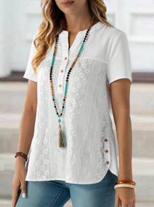 EMERY ROSE Camicia a maniche corte da donna in cotone estiva con scollo a V ricamato, top a maniche corte