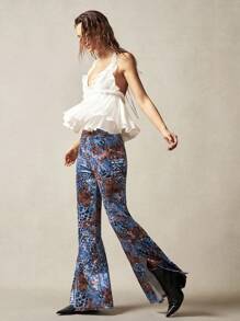 Bohemela Boho Knitted Leopard Print Flared Pants - Blue - View 5