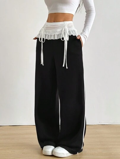 SHEIN Unity 网眼撞色蕾丝边抽绳休闲宽松保暖内衬连帽衫和裤子套装