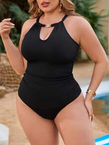 SHEIN Swim Curve Plus Size Women 2pcs Modest Solid Color Ribbed Tankini Swimwear Set, Suitable For Vacation, For Summer Beach