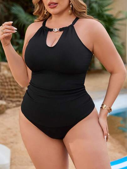 SHEIN Swim Curve 大码女式 2 件套简约纯色罗纹分体泳衣套装，适合度假、夏季海滩