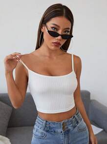 SHEIN EZwear Rib-knit Crop Cami Top - White - View 6