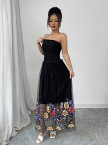 SHEIN Unity 女士花卉刺绣抹胸长裙，休闲简约 - 黑色 - 查看 5