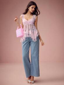 Enchnt Débardeur élégant avec encolure en cœur et dentelle contrastée pour femmes