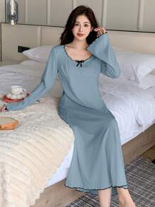 DAZY Sweet Contrast Bow Decor Wave Hem Flare Sleeve Mid-Length Nightgown Pajama - Blue - View 3