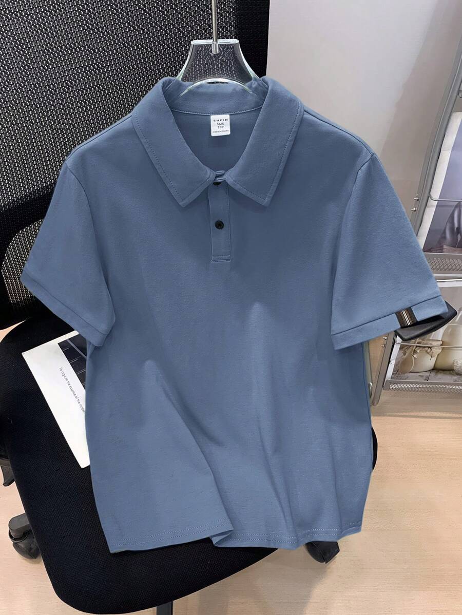 SHEIN 青少年男孩休闲度假风格半开领套头衫短袖宽松针织 Polo 衫 - 霧霾藍 - 查看 1