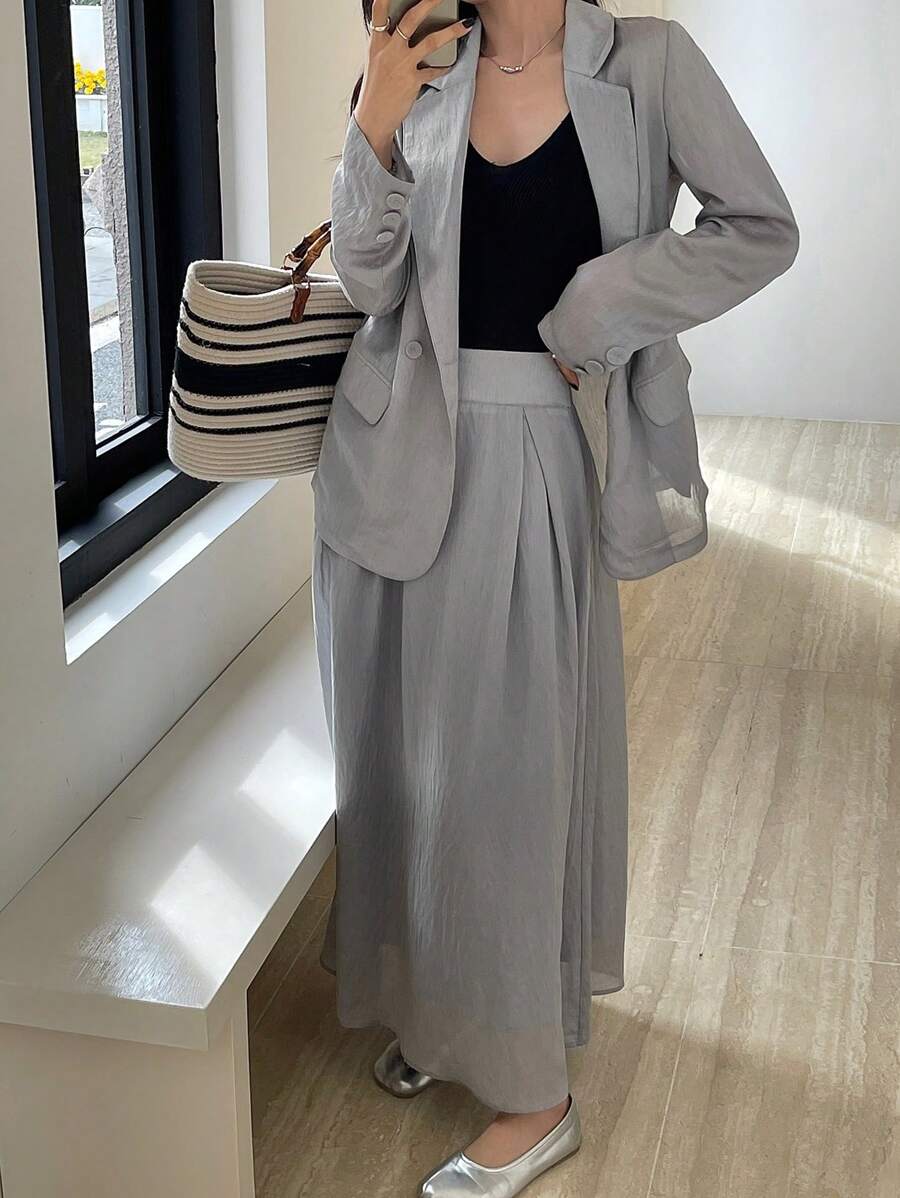 DAZY 女士休闲宽松外套和A字裙两件套套装，亚麻材质，秋季女装商务正装