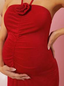 Loomaby Pregnant Women 3D Flower Red Maternity Dress, For Baby Shower Party, Valentine's Day